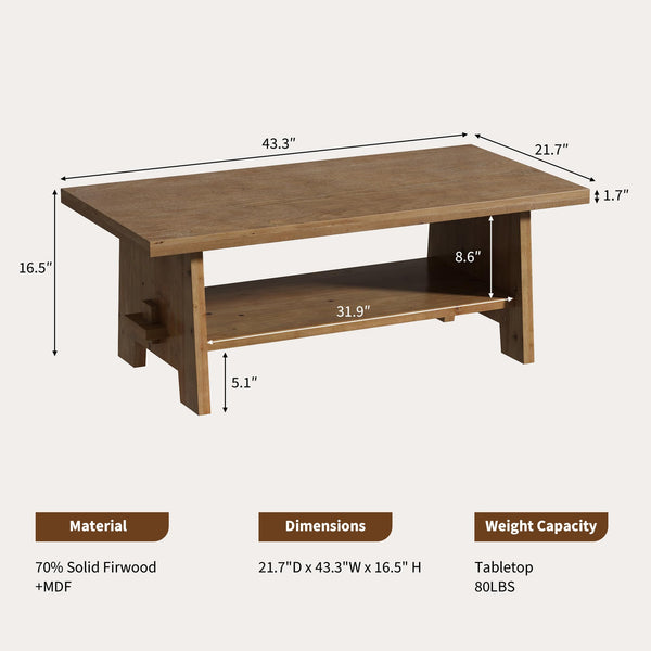 Farmhouse Wood Coffee Table with Storage Shelf