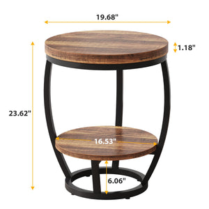 2-Tier Round Industrial End Table with Metal Frame