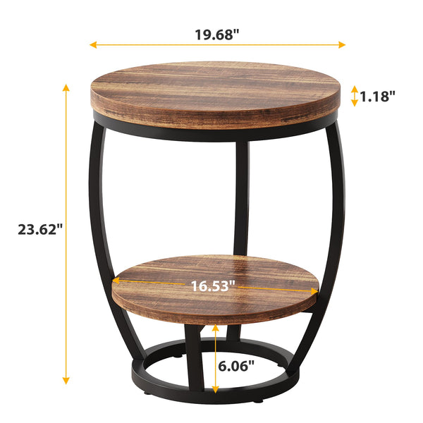 2-Tier Round Industrial End Table with Metal Frame