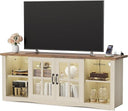 Farmhouse TV Stand 58 Inch with Glass Doors, LED Lights & USB Charging