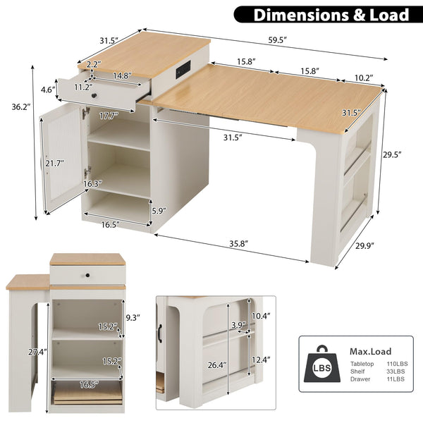Trygoal Kitchen Island with Extendable Dining Table, 59.5" Rolling Kitchen Storage Table with Double-Sided Storage, Power Outlet and 2 Drawers, for Kitchen,Dining Room, White