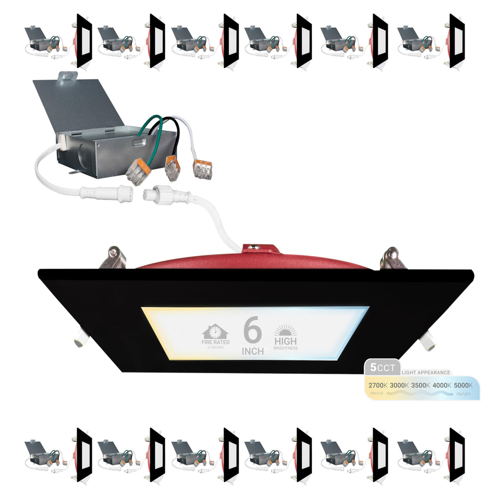 6-Inch Square Black Fire Rated LED Recessed Light 5CCT Selectable 12-Pack