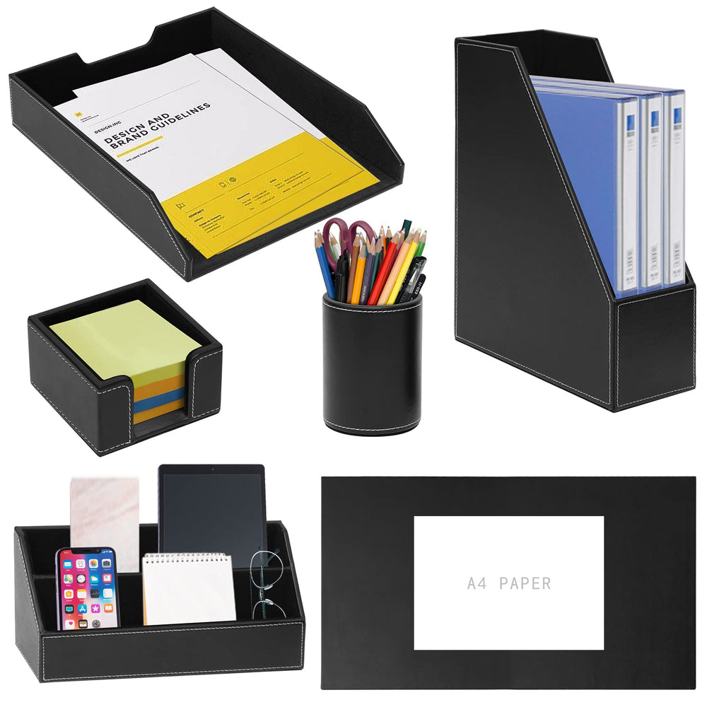 6-Piece PU Leather Desk Organizer Set with Writing Pad and File Tray