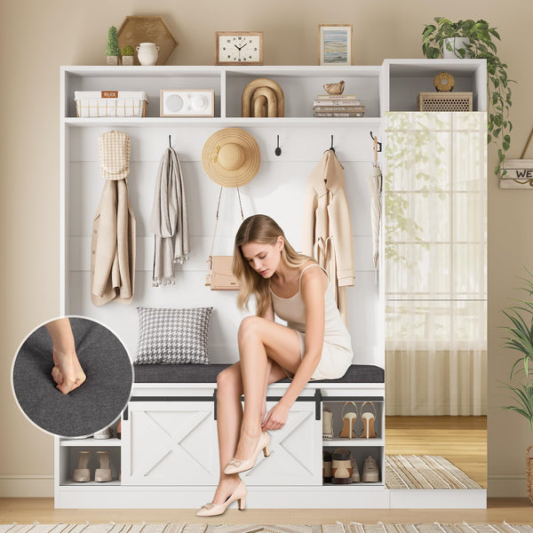 Hall Tree with Bench, Shoe Storage, Coat Rack & Mirror