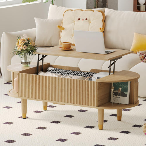 Oval Lift Top Coffee Table with Sliding Door Storage