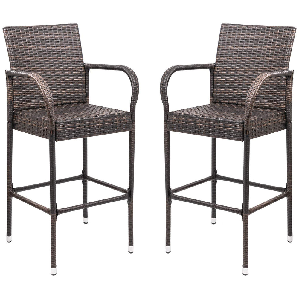 Outdoor Wicker Bar Stool Set with Footrest & Armrest (Set of 2, Brown)