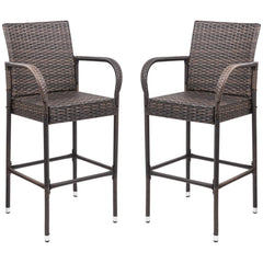 Outdoor Wicker Bar Stool Set with Footrest & Armrest (Set of 2, Brown)