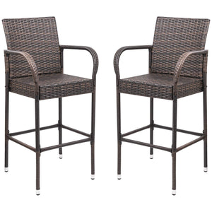 Outdoor Wicker Bar Stool Set with Footrest & Armrest (Set of 2, Brown)