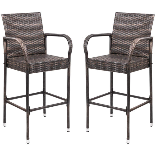 Outdoor Wicker Bar Stool Set with Footrest & Armrest (Set of 2, Brown)