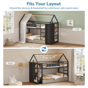 Twin Over Twin Low Bunk Bed with Storage Drawers & House Design