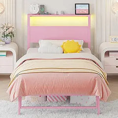 Twin Bed Frame with Headboard Shelf, RGB LED Light & Charging Station