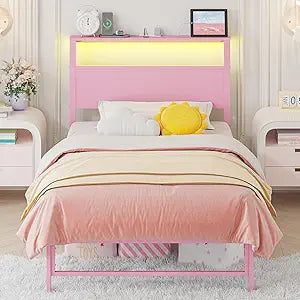 Twin Bed Frame with Headboard Shelf, RGB LED Light & Charging Station