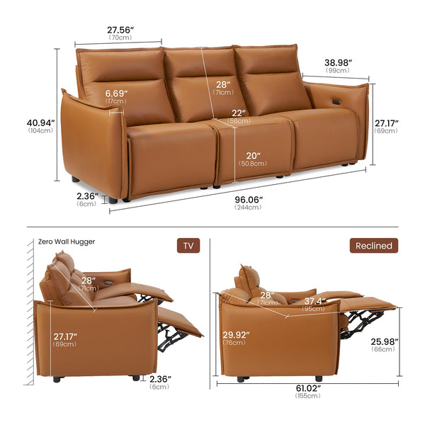 96" Power Recliner Sofa 3-Seater | Zero Gravity | Faux Leather | USB & Type-C