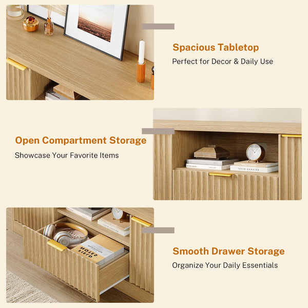 Modern Fluted TV Stand with Drawer, Cabinet & Open Shelf