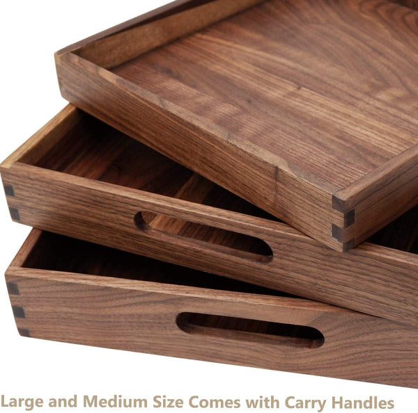 Walnut Wood Ottoman Serving Tray Set of 3 with Handles