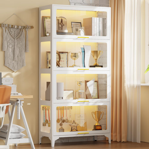65" Tall Glass Display Cabinet with RGB LED Lights, 4-Tier Metal Curio Cabinet