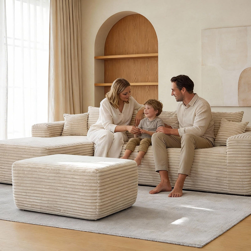 L-Shaped Sectional Sofa with Ottoman – Beige Plush