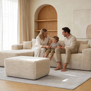 L-Shaped Sectional Sofa with Ottoman – Beige Plush