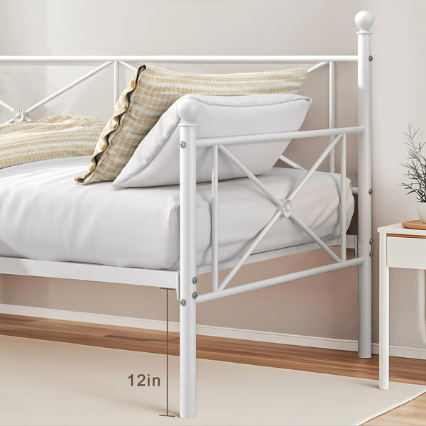 VECELO Daybed Twin Size, Day Bed Frame with Headboard, Heavy-Duty Metal Slats Support Platform for Living Room, Guest Room, Easy Assembly, White
