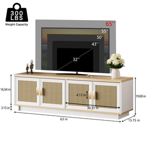 PROXRACER Rattan TV Stand for 65 Inch TV, Boho Media Console with 4 Woven Cane Doors, Modern Farmhouse Entertainment Center, Low Profile TV Cabinet with Storage for Living Room, White & Light Wood