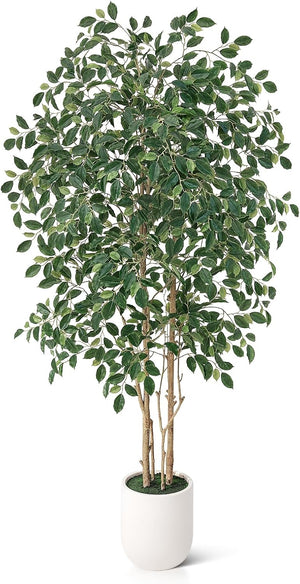 Artificial Ficus Tree – Tall Faux Indoor Floor Plant with White Planter