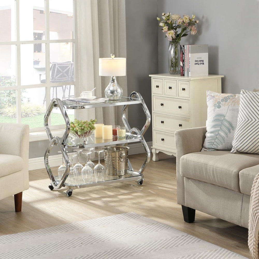 Chrome Bar Cart with Wheels & Glass Shelves