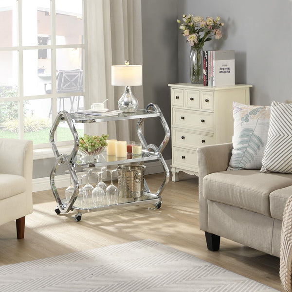 Chrome Bar Cart with Wheels & Glass Shelves
