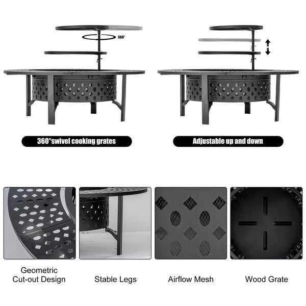 3-in-1 Wood Burning Fire Pit with Grill, Lid & Poker