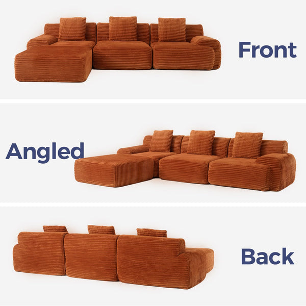 VK·LIVING 113" Cloud Sectional Couch, Deep Seat Boneless Sofa with Wide Armrests, Modular Plush Corduroy Memory Foam Couch for Living Room Office, No Assembly Needed, Orange