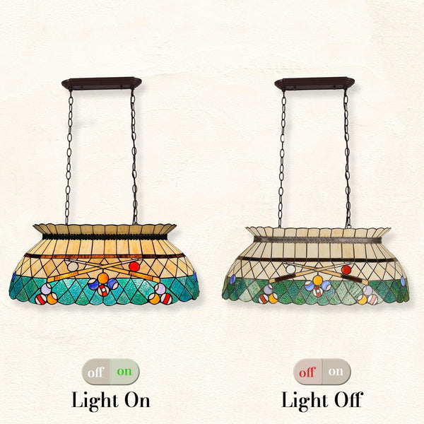 Tiffany Stained Glass Pool Table Pendant Light – 3-Light Amber Green