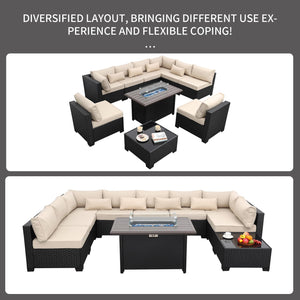 10-Piece Outdoor Wicker Patio Sectional Set with Fire Pit Table