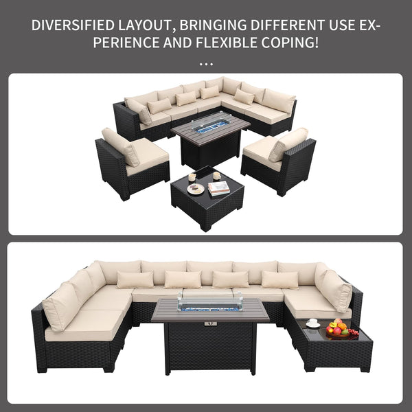 10-Piece Outdoor Wicker Patio Sectional Set with Fire Pit Table