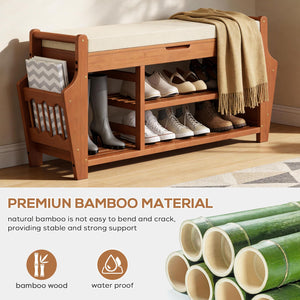 3-Tier Bamboo Shoe Bench with Cushion & Side Storage