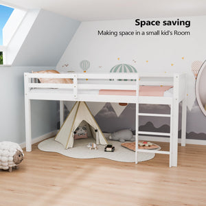 Twin Low Loft Bed Frame with Guardrail and Ladder