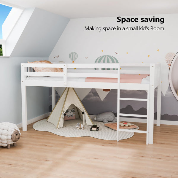 Twin Low Loft Bed Frame with Guardrail and Ladder