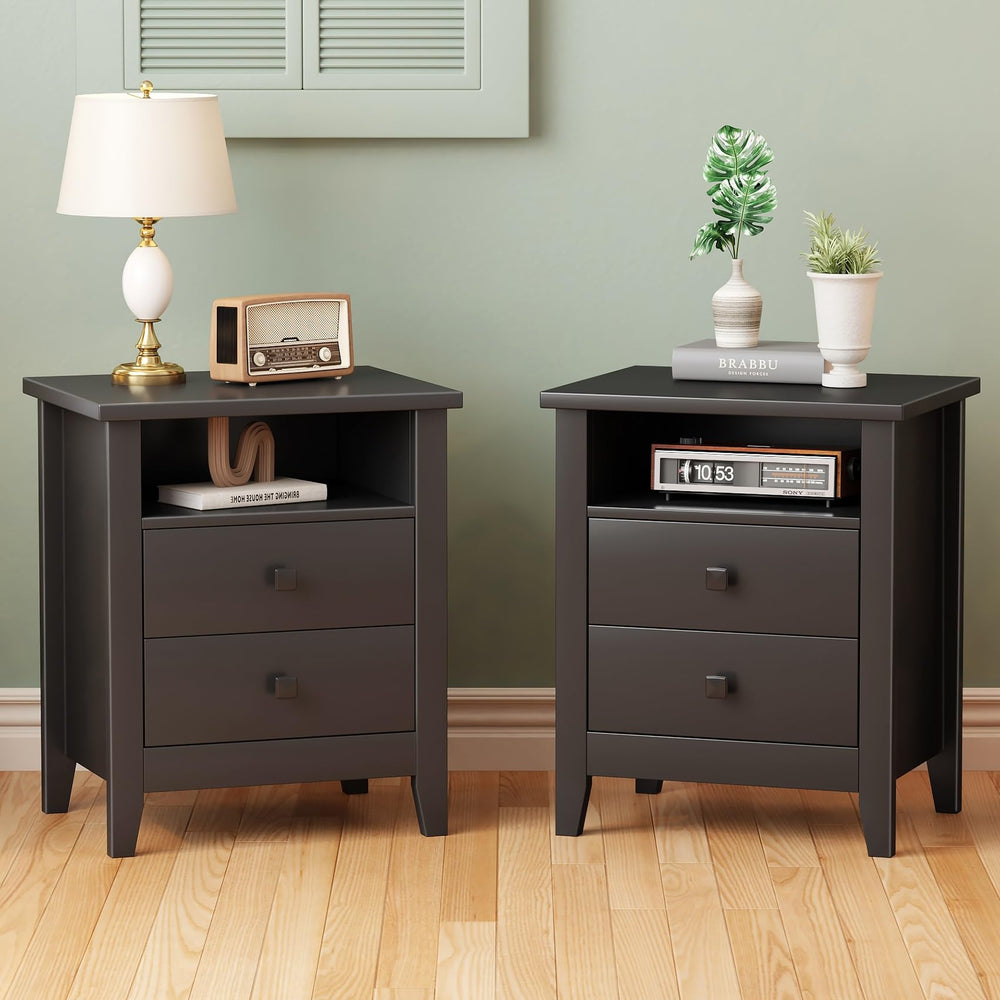 Farmhouse Nightstand Set of 2 with 2 Drawers and Open Shelf
