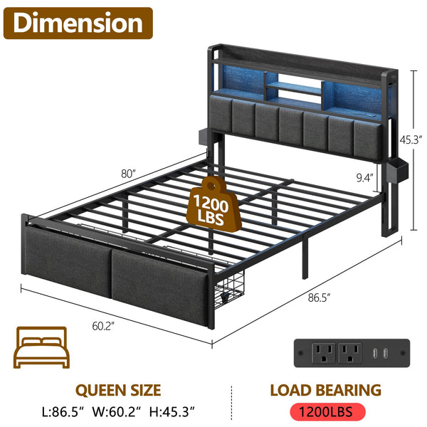 Upholstered Platform Bed Frame with Storage Drawers, LED Lights & Charging Station