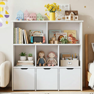 Kids Toy Storage Organizer with 3 Drawers & 5 Open Cubbies — Bookshelf Cabinet for Playroom & Nursery
