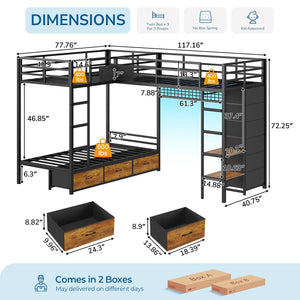 L-Shaped Triple Bunk Bed Twin over Twin with Storage & LED Lights