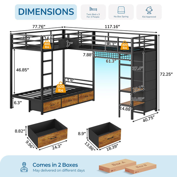 L-Shaped Triple Bunk Bed Twin over Twin with Storage & LED Lights