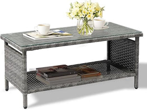 Outdoor Wicker Patio Coffee Table with Tempered Glass Top & Storage Shelf