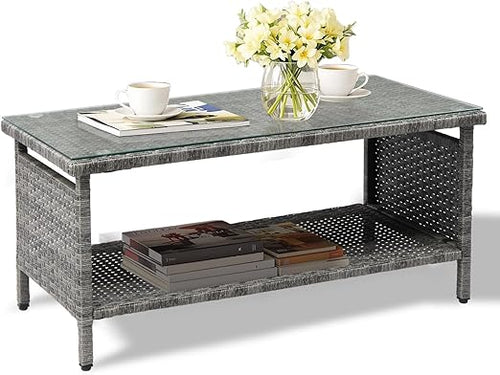 Outdoor Wicker Patio Coffee Table with Tempered Glass Top & Storage Shelf