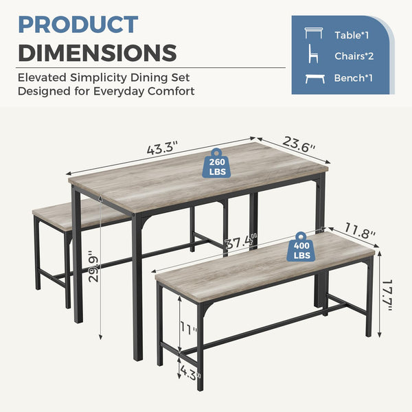 3-Piece Dining Table Set with Bench
