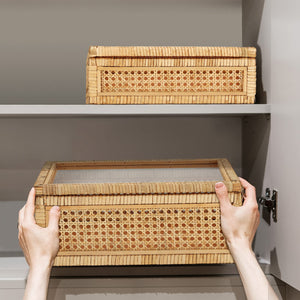 Rattan Storage Baskets with Glass Lids Set of 2
