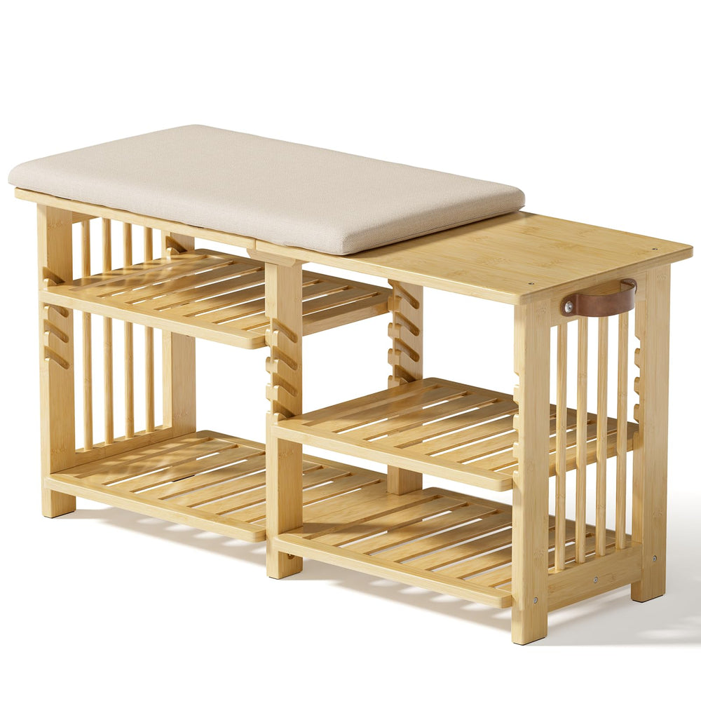 Bamboo Shoe Bench with Cushion & Storage Strap