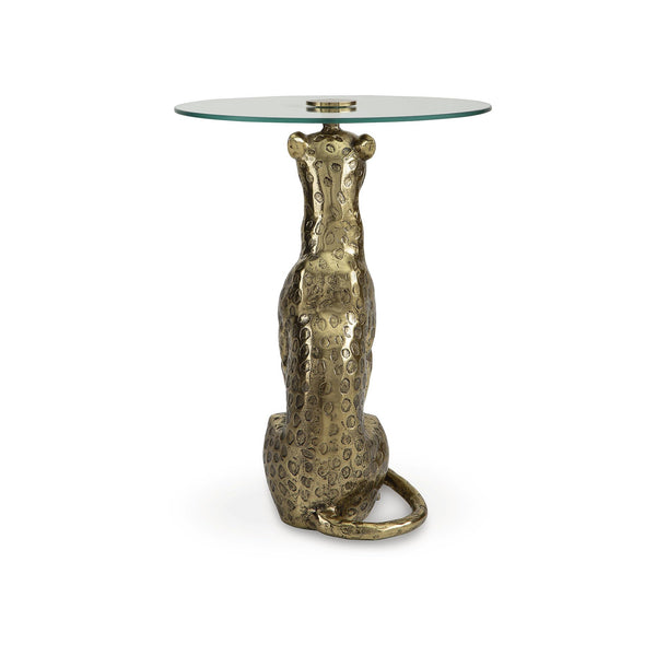 Leopard Base Glass Accent Table – Round End Table, Clear & Gold