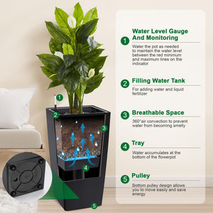 Tall Self-Watering Outdoor Planters Set of 2 with Drainage & Water Level Monitor