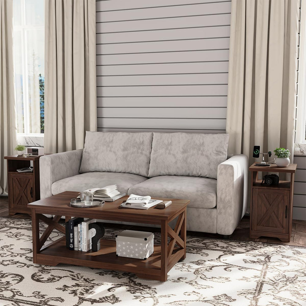 Farmhouse Rustic Coffee & End Table Set of 3 with Charging Station