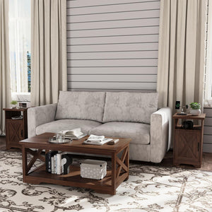 Farmhouse Rustic Coffee & End Table Set of 3 with Charging Station