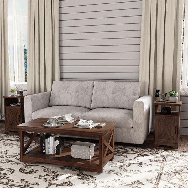 Farmhouse Rustic Coffee & End Table Set of 3 with Charging Station